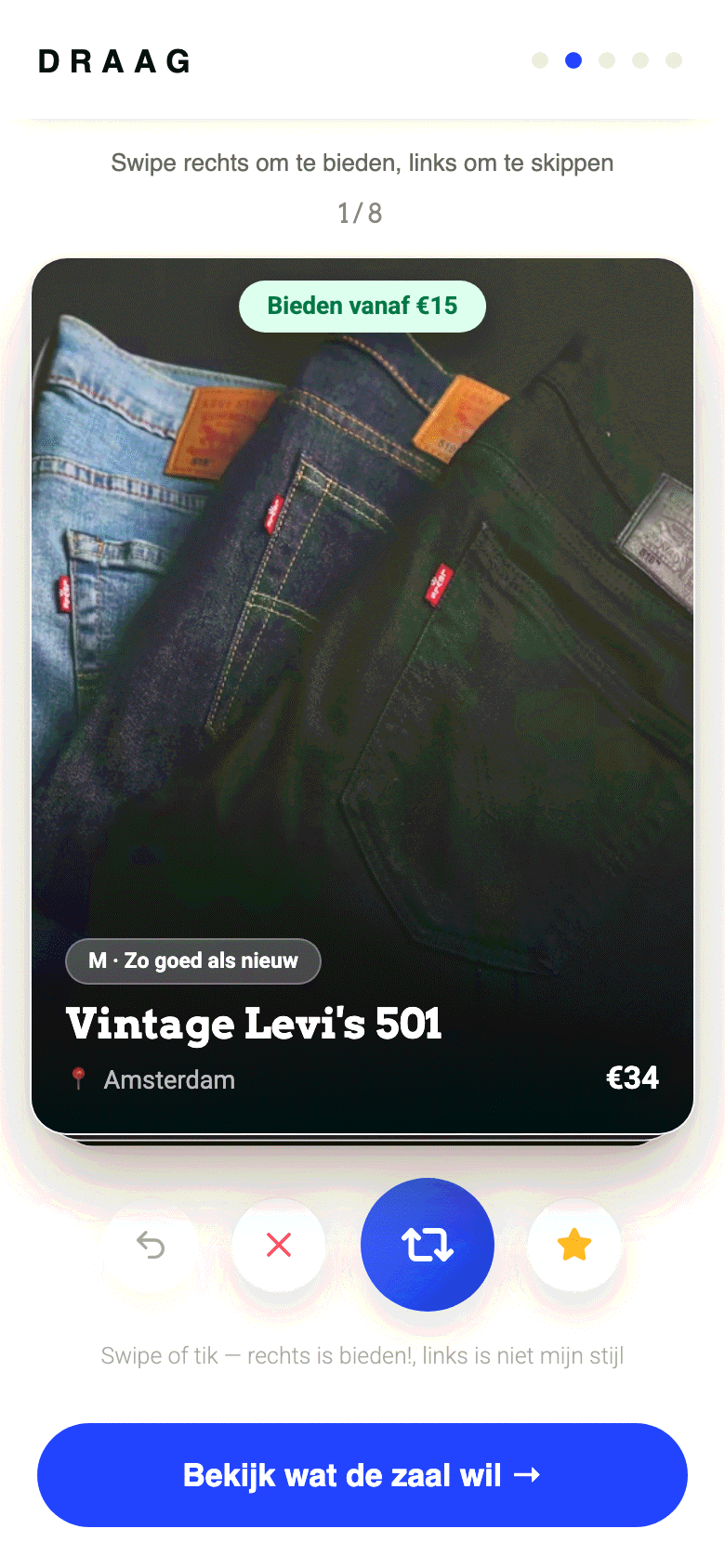 Companion-app swipescherm van de Draag-demo: tweedehands kledingstuk met bied-knop