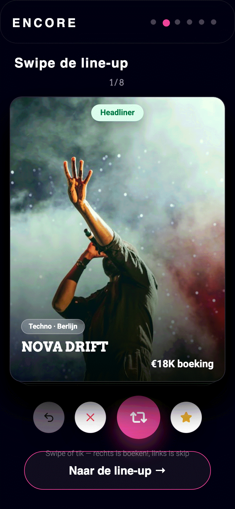 Companion-app op een telefoon: swipe-kaart van act NOVA DRIFT uit de Encore-demo