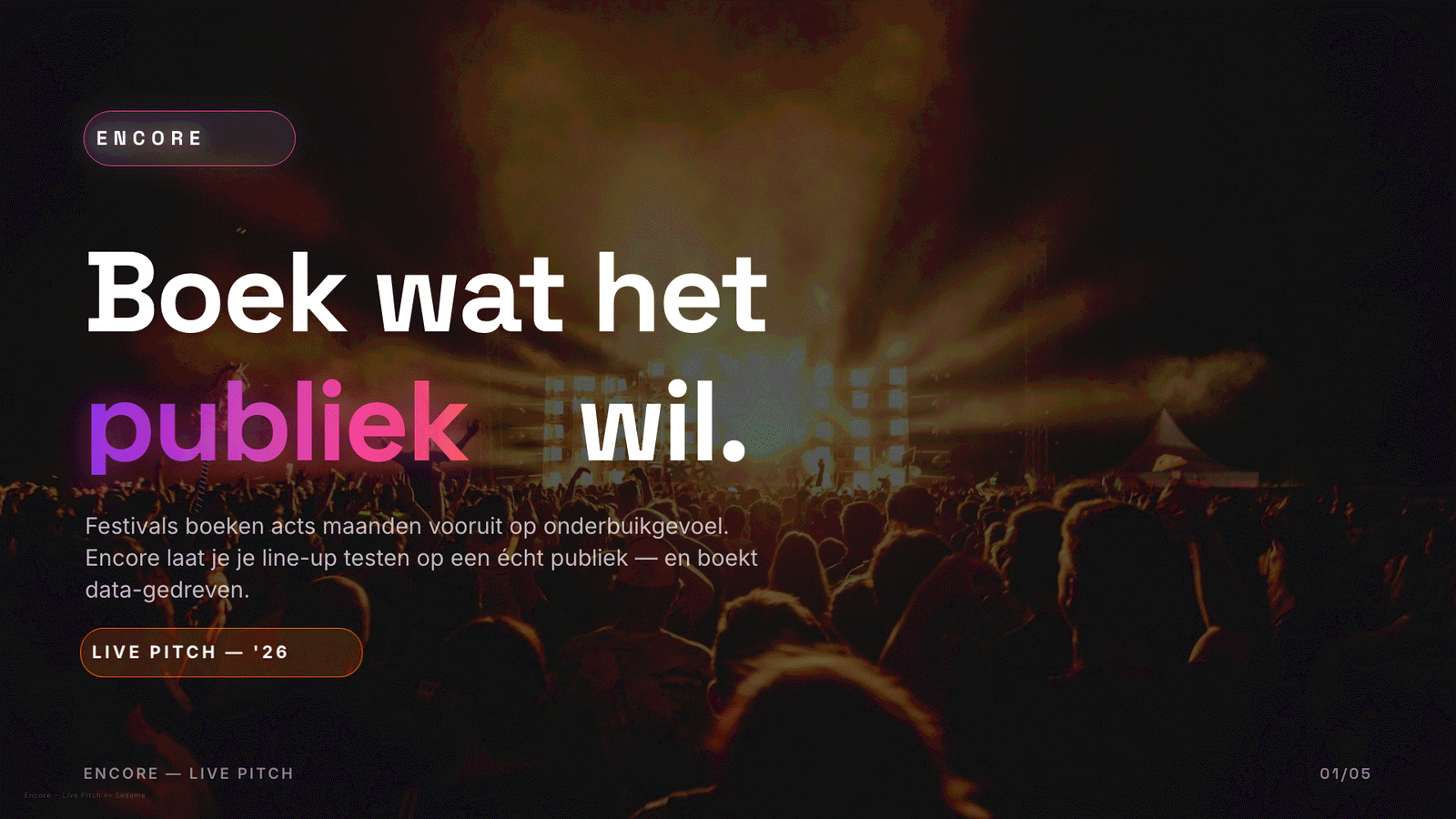 Sesame-titelslide van de Encore-pitch: boek wat het publiek wil