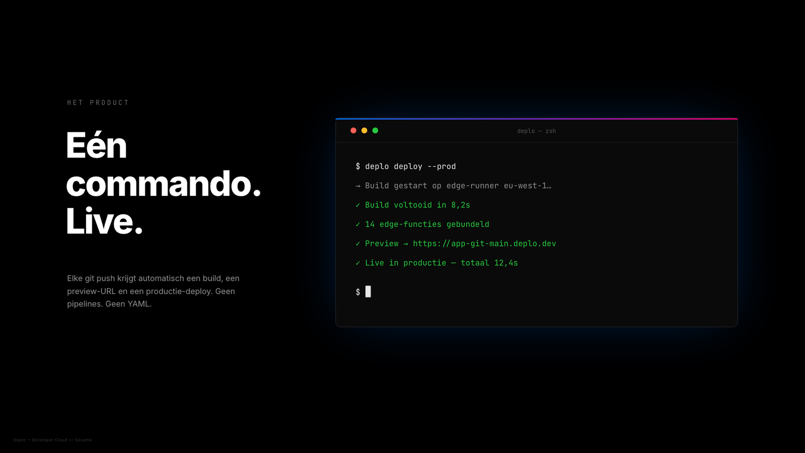 Donkere Sesame-slide met een live terminalvenster uit de Deplo-demo