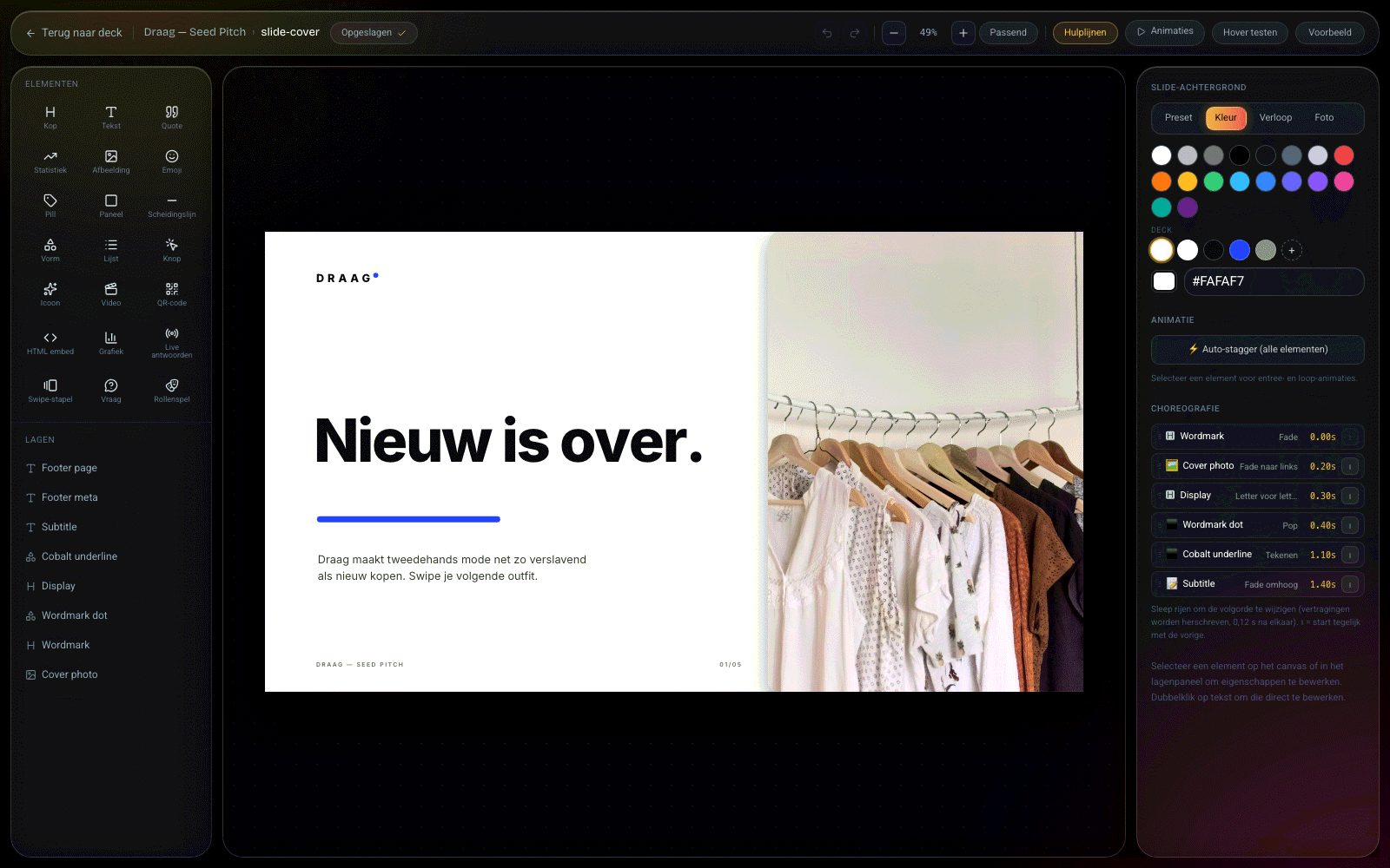 De Sesame canvas-editor met lagenpaneel, eigenschappen en een slide in bewerking